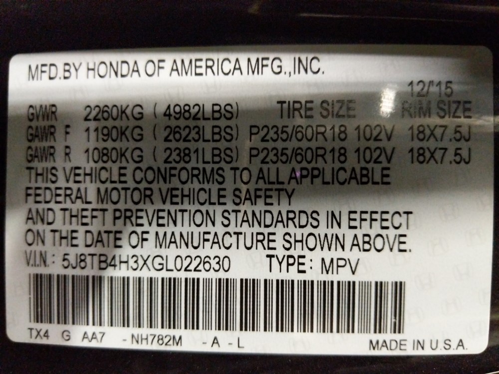 2016 Acura RDX - VIN Plate