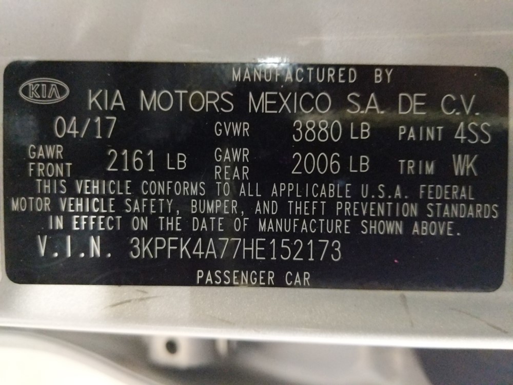 2017 Kia Forte - VIN Plate