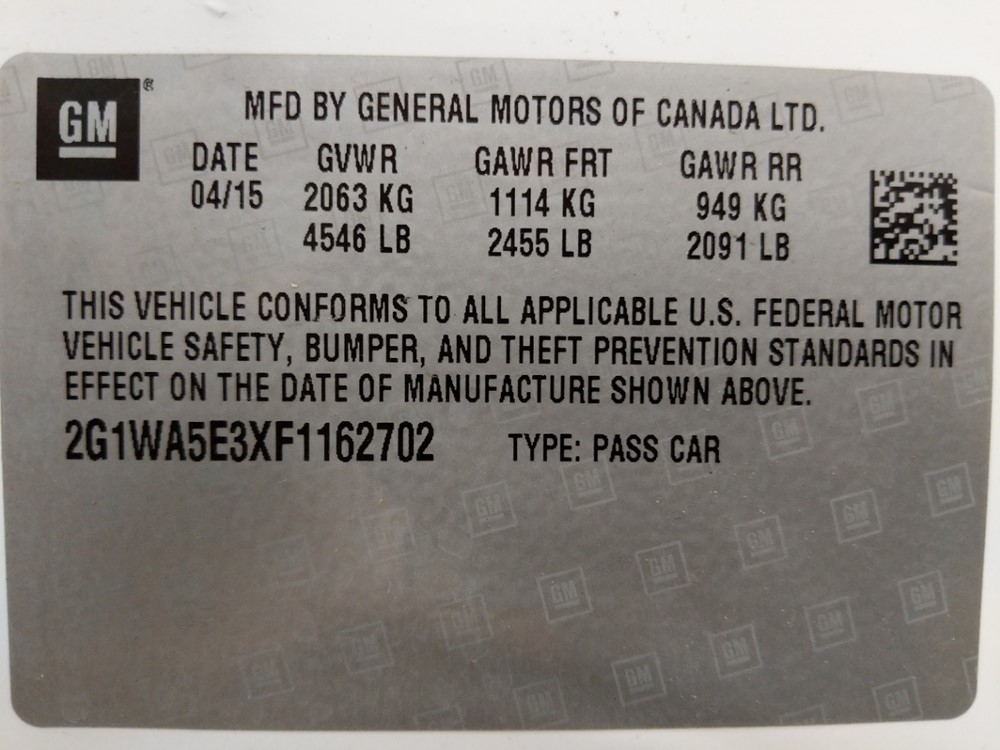 2015 Chevrolet Impala - VIN Plate