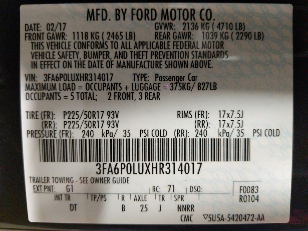 2017 Ford Fusion - VIN Plate