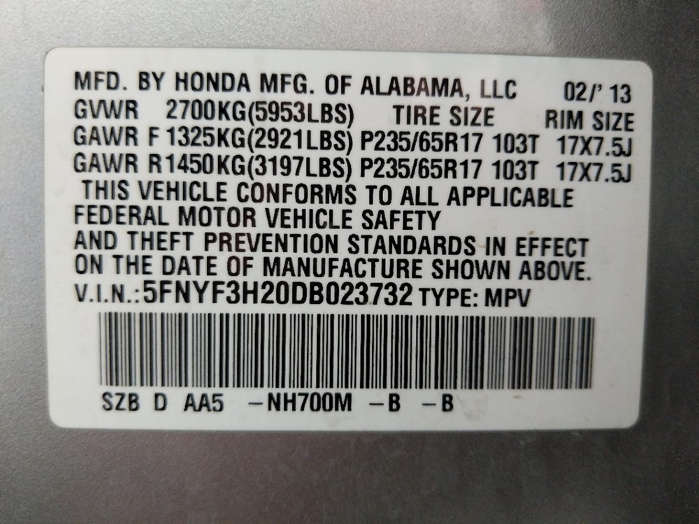 2013 Honda Pilot - VIN Plate