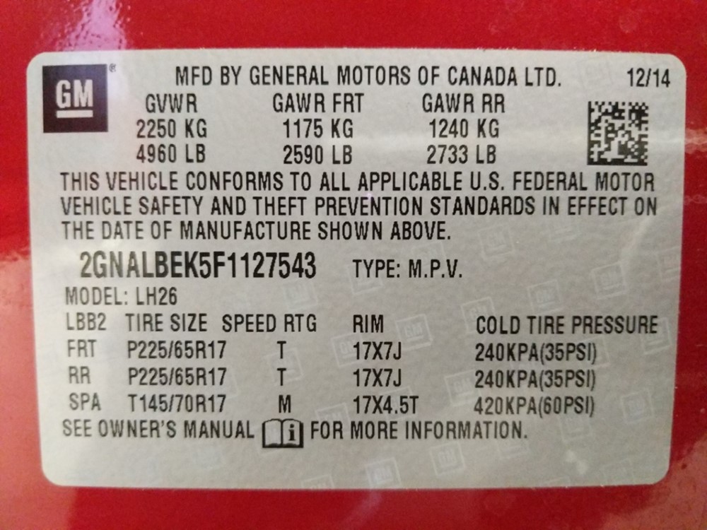 2015 Chevrolet Equinox - VIN Plate