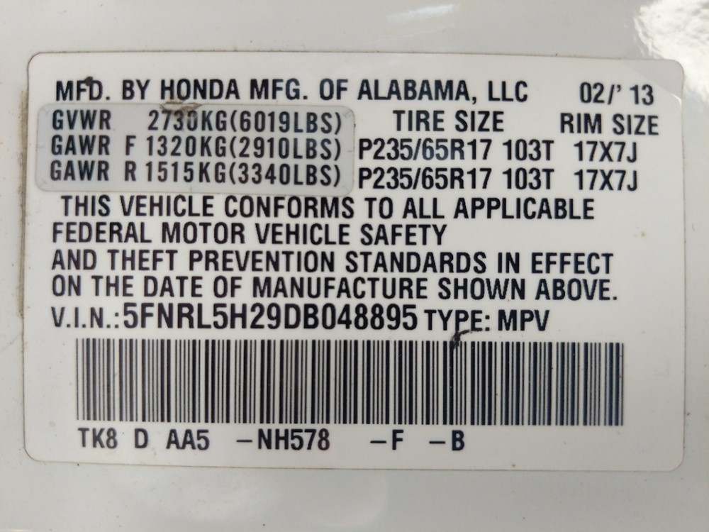 2013 Honda Odyssey - VIN Plate