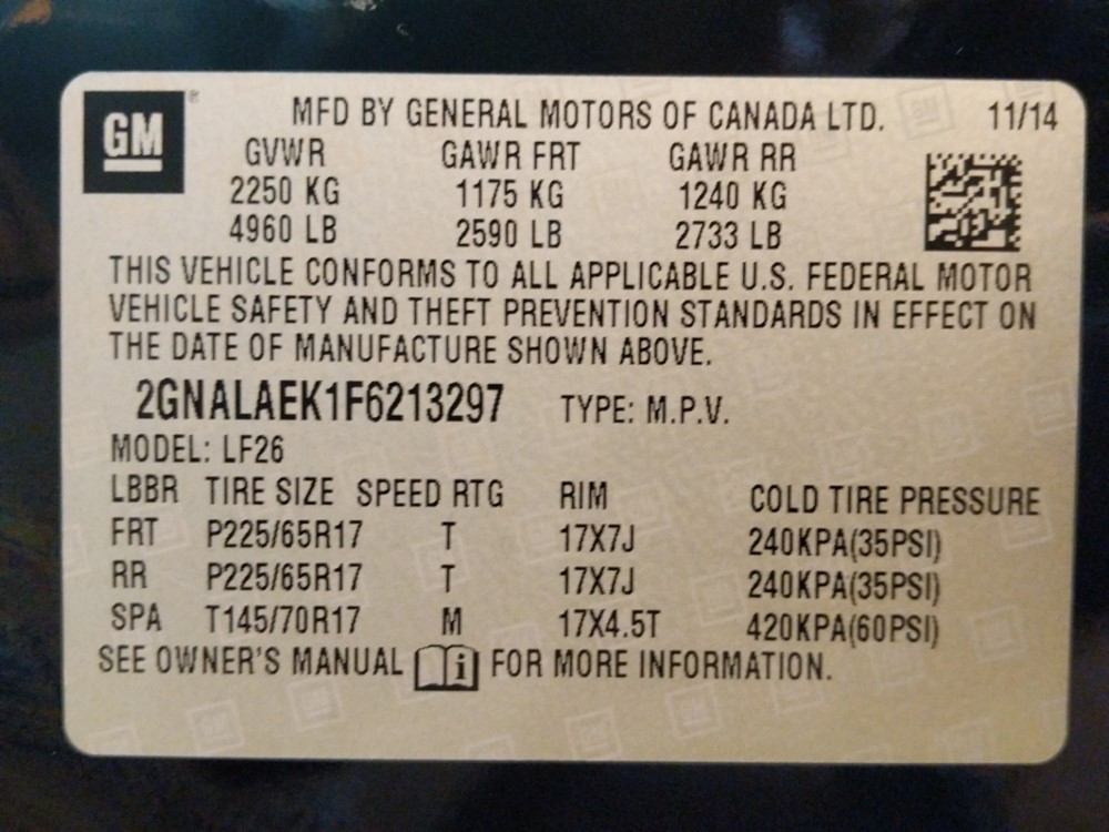 2015 Chevrolet Equinox - VIN Plate