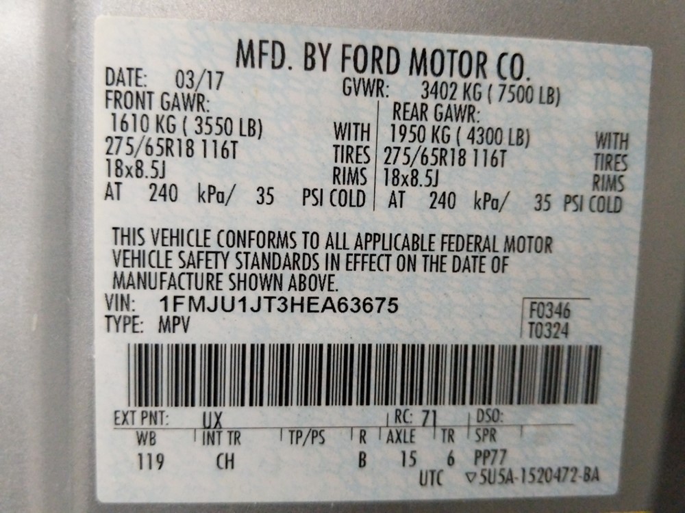 2017 Ford Expedition - VIN Plate