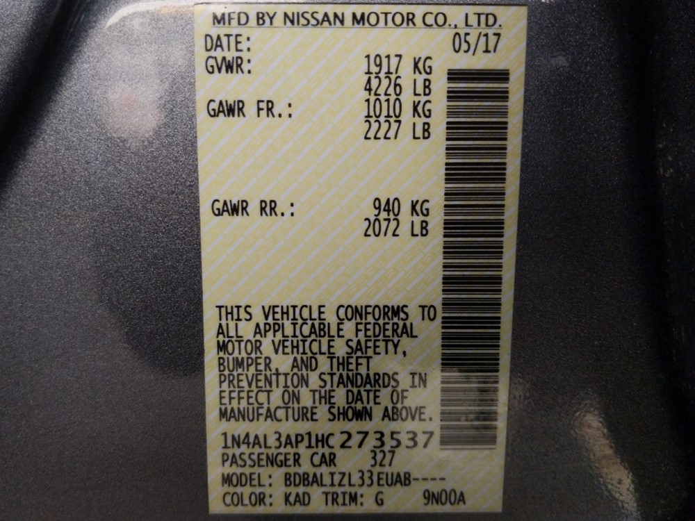 2017 Nissan Altima - VIN Plate