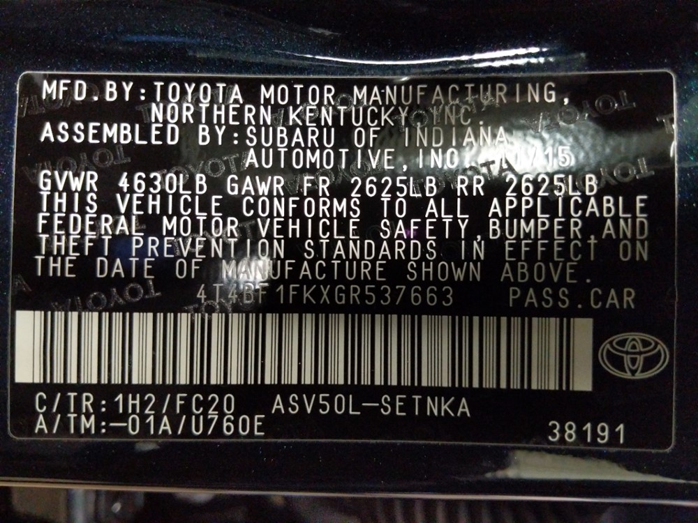 2016 Toyota Camry - VIN Plate