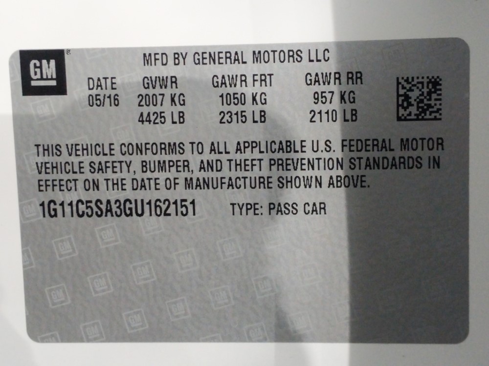 2016 Chevrolet Malibu - VIN Plate