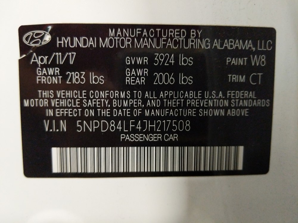 2018 Hyundai Elantra - VIN Plate