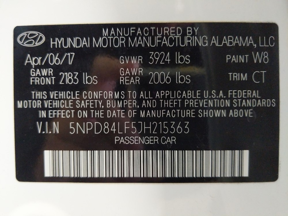 2018 Hyundai Elantra - VIN Plate