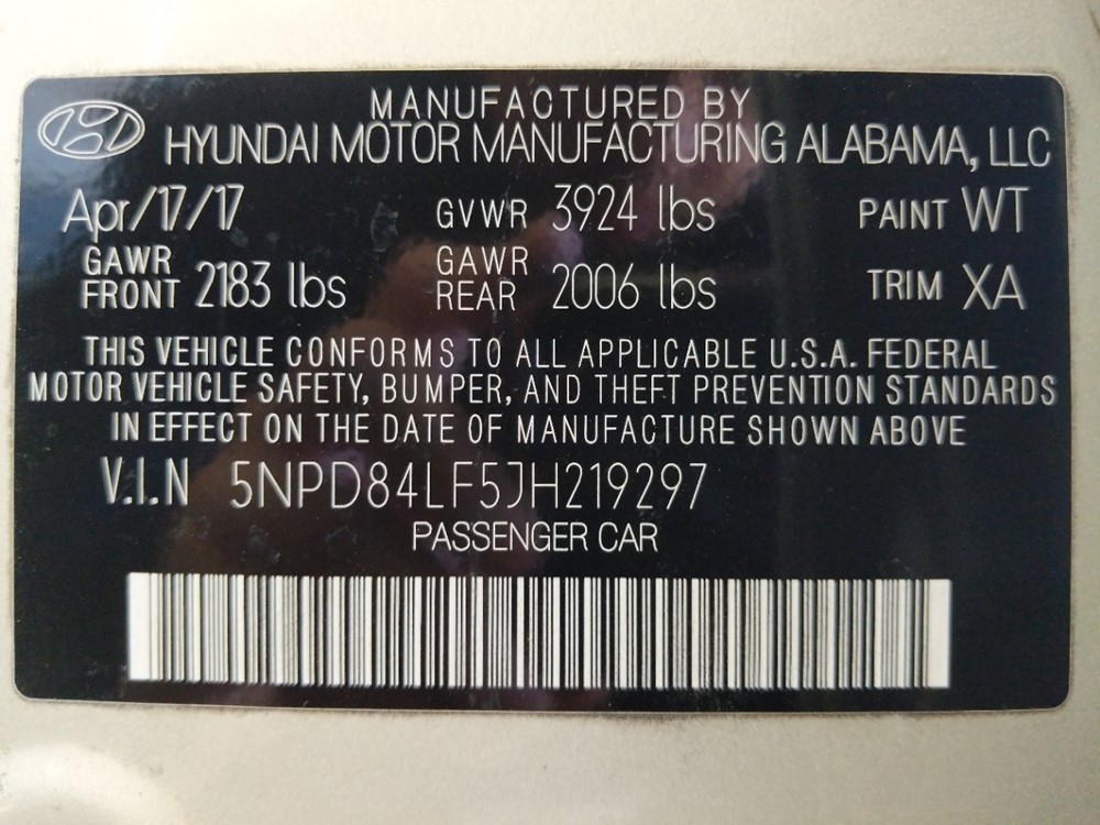 2018 Hyundai Elantra - VIN Plate