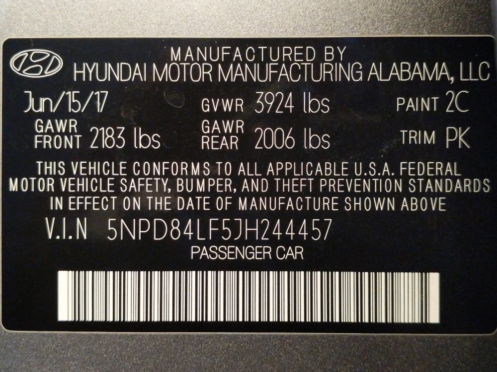 2018 Hyundai Elantra - VIN Plate