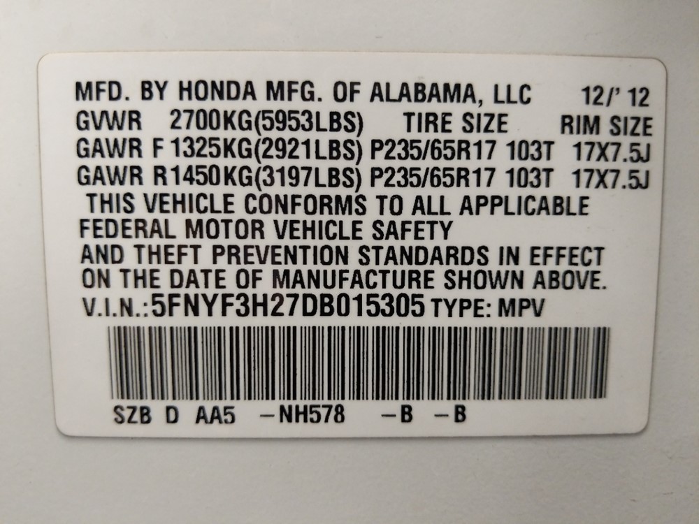 2013 Honda Pilot - VIN Plate