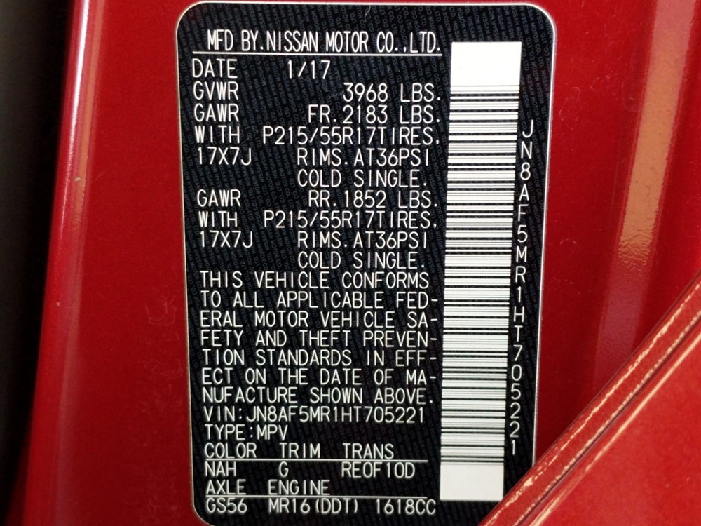 2017 Nissan JUKE - VIN Plate