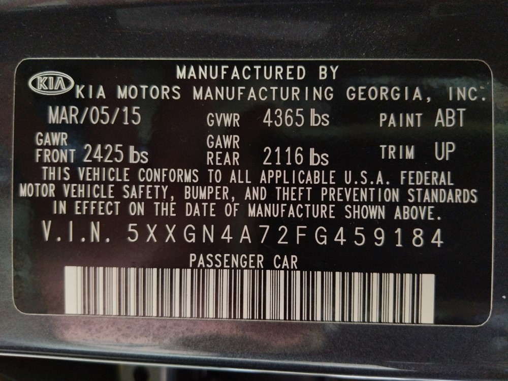 2015 Kia Optima - VIN Plate