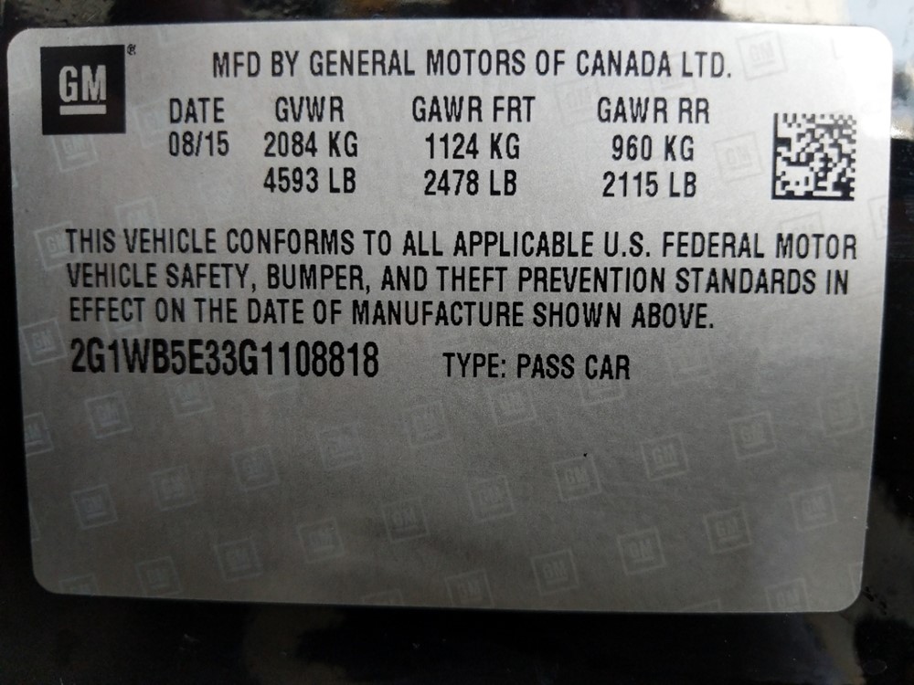 2016 Chevrolet Impala - VIN Plate