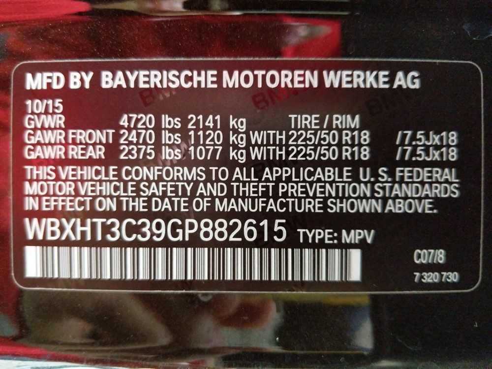 2016 BMW X1 - VIN Plate