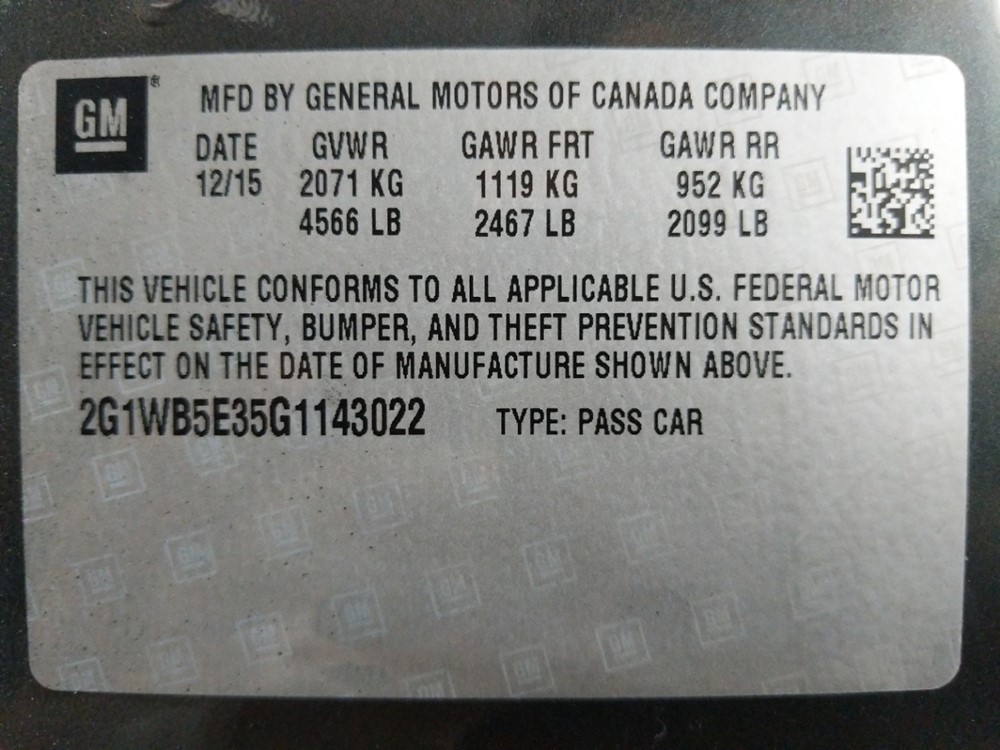 2016 Chevrolet Impala - VIN Plate