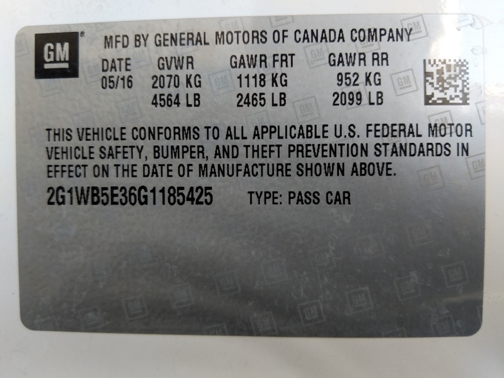 2016 Chevrolet Impala - VIN Plate