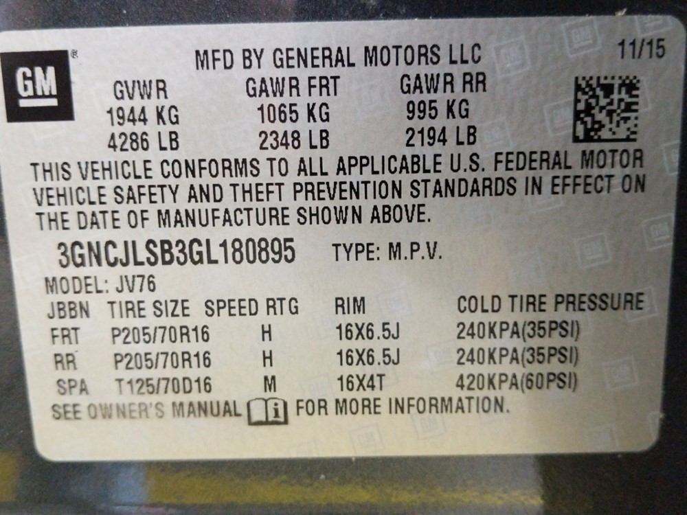 2016 Chevrolet Trax - VIN Plate