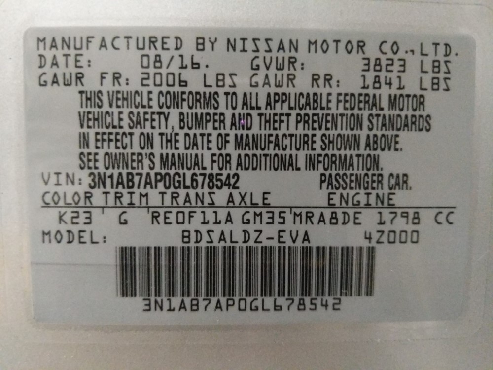 2016 Nissan Sentra - VIN Plate