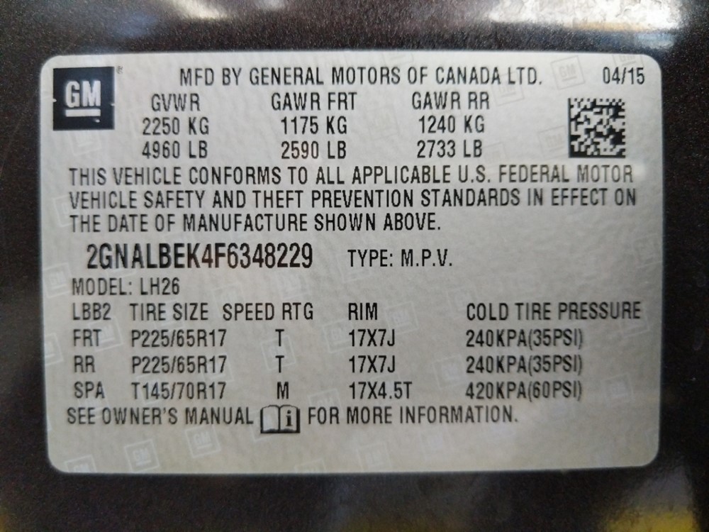 2015 Chevrolet Equinox - VIN Plate