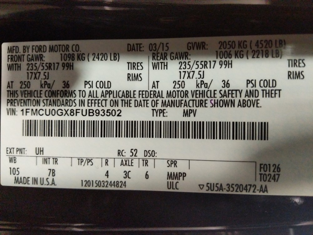 2015 Ford Escape - VIN Plate