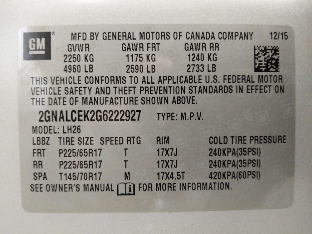 2016 Chevrolet Equinox - VIN Plate