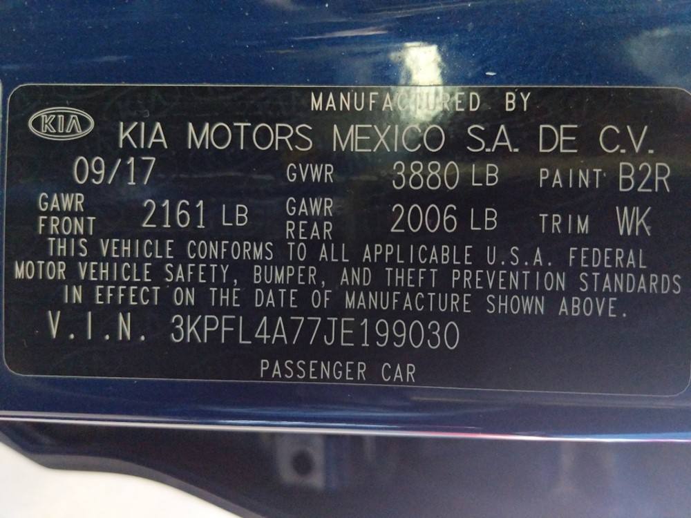2018 Kia Forte - VIN Plate