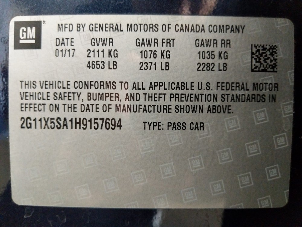 2017 Chevrolet Impala - VIN Plate
