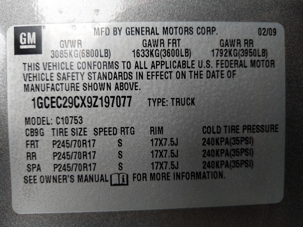 2009 Chevrolet Silverado 1500 - VIN Plate