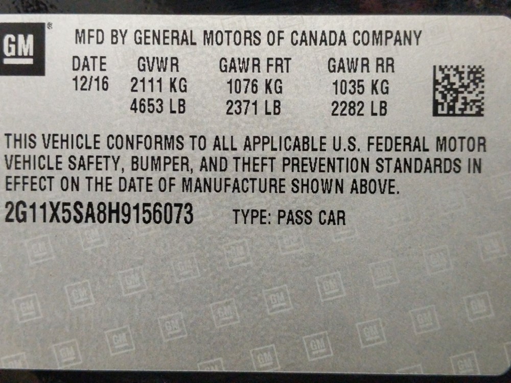 2017 Chevrolet Impala - VIN Plate