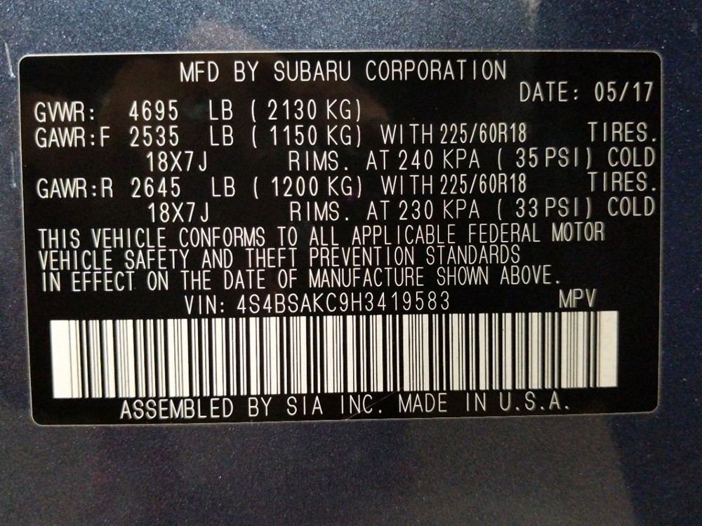 2017 Subaru Outback - VIN Plate