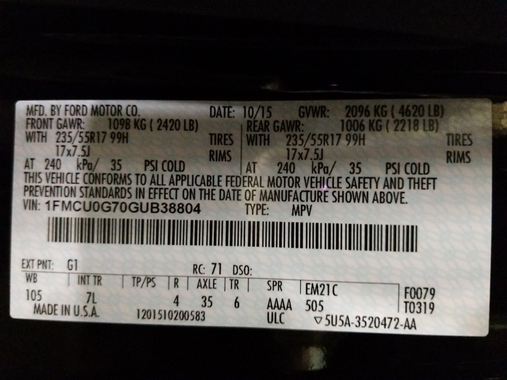 2016 Ford Escape - VIN Plate