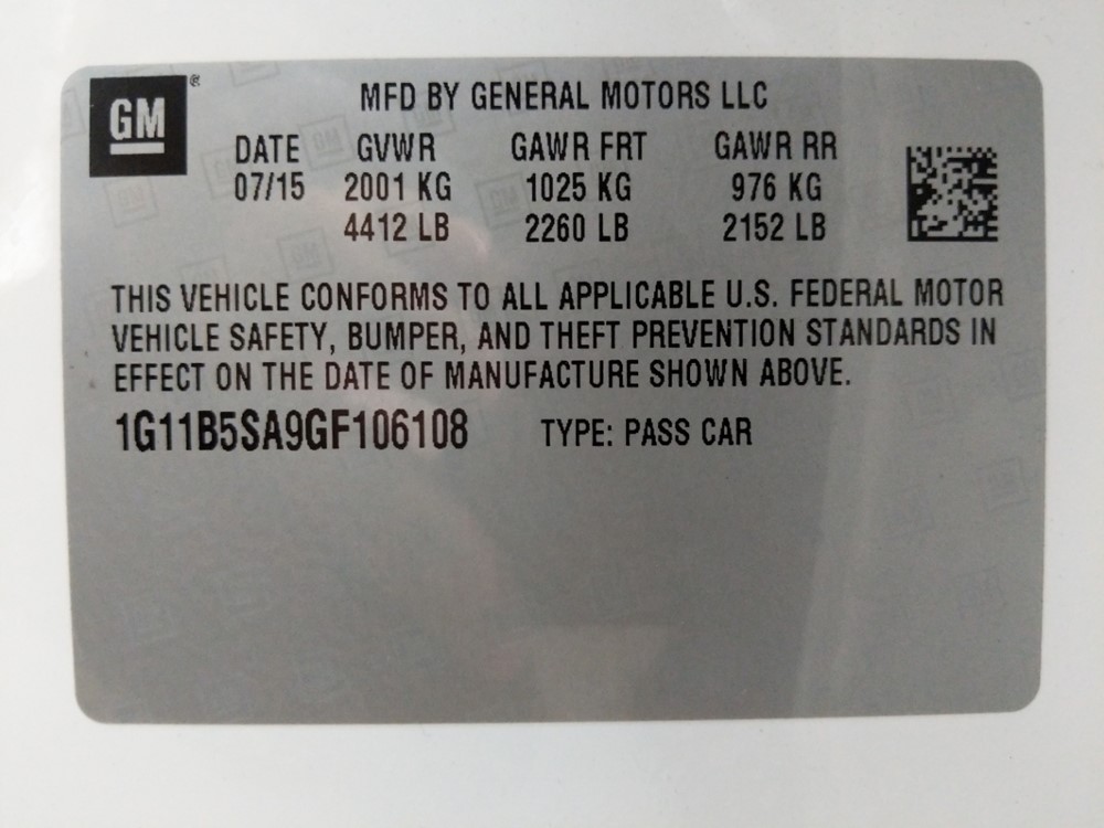 2016 Chevrolet Malibu - VIN Plate