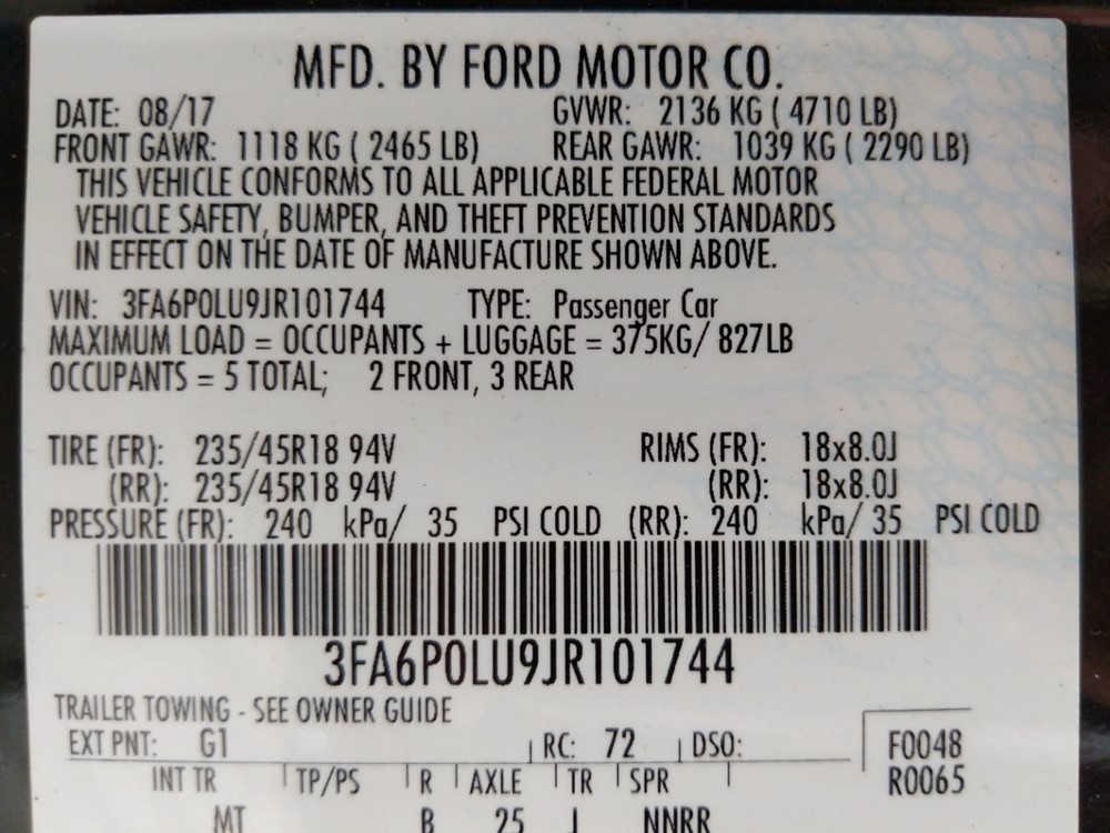 2018 Ford Fusion - VIN Plate