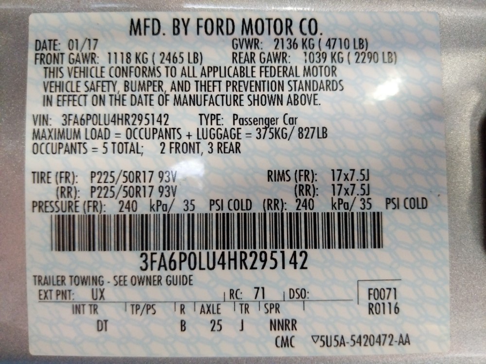 2017 Ford Fusion - VIN Plate
