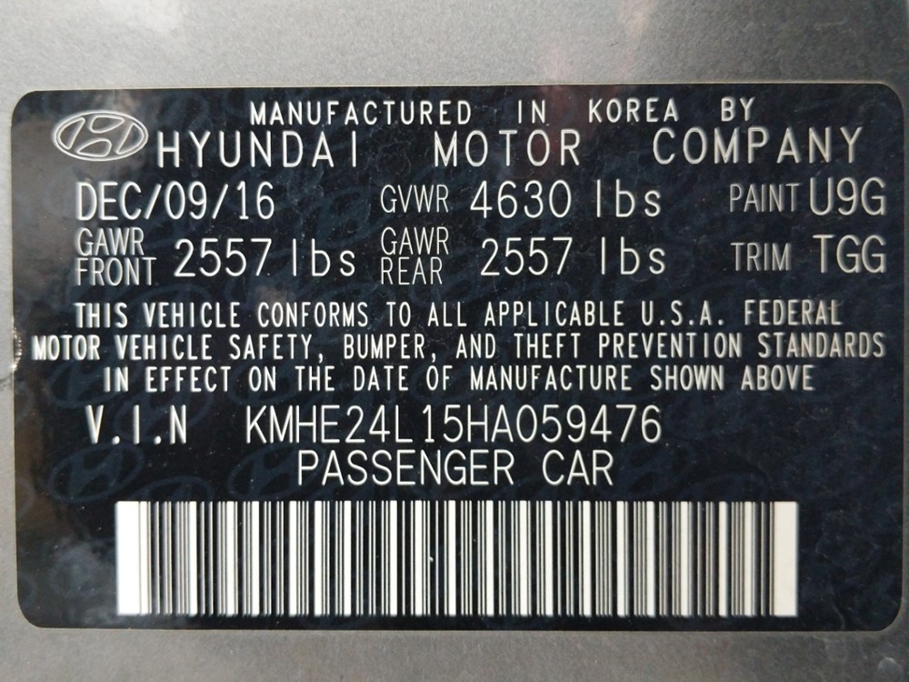 2017 Hyundai Sonata - VIN Plate