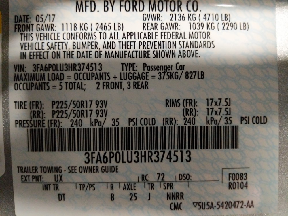 2017 Ford Fusion - VIN Plate