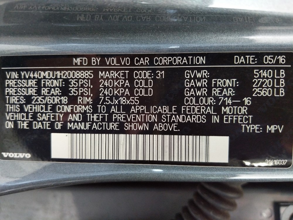 2017 Volvo XC60 - VIN Plate