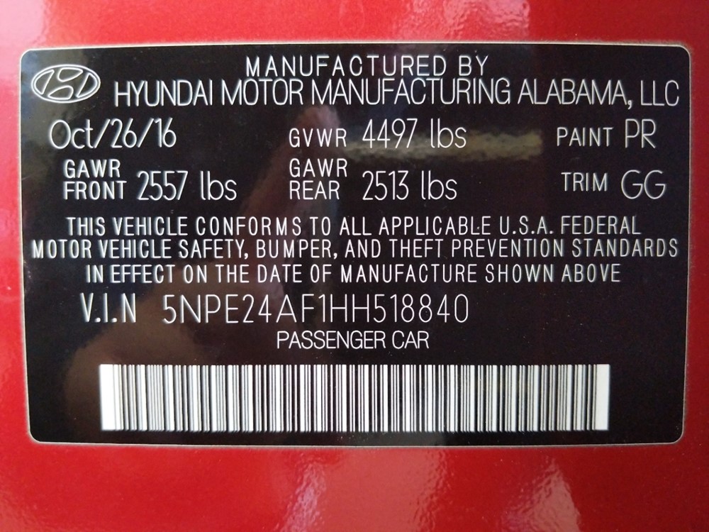 2017 Hyundai Sonata - VIN Plate