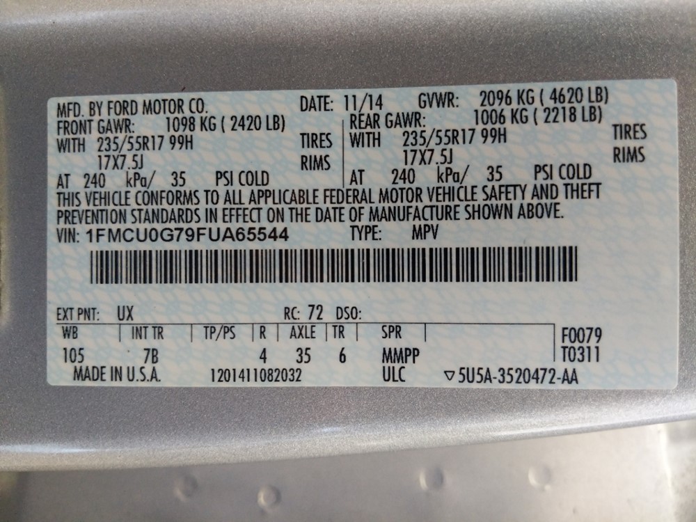 2015 Ford Escape - VIN Plate