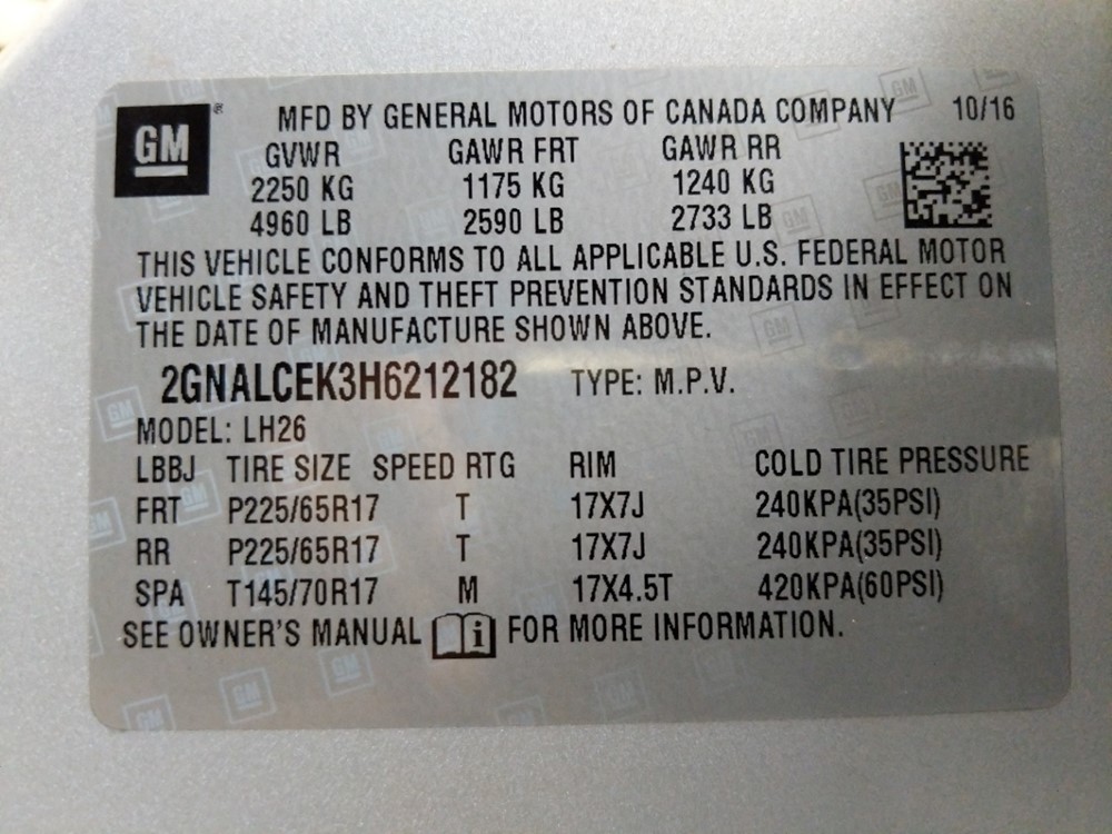 2017 Chevrolet Equinox - VIN Plate