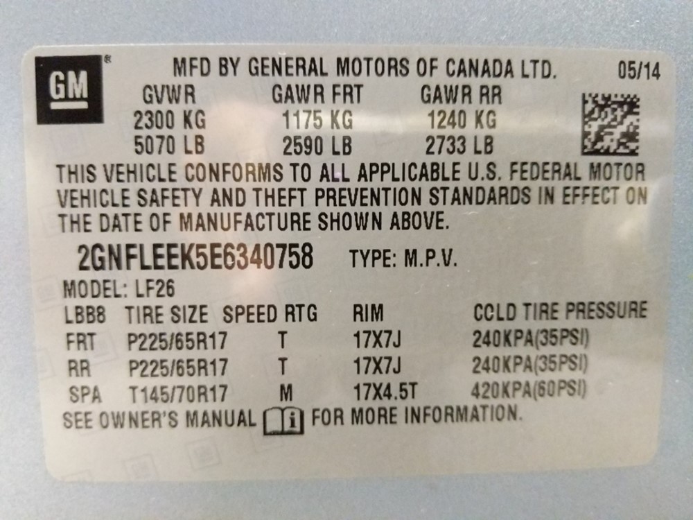 2014 Chevrolet Equinox - VIN Plate