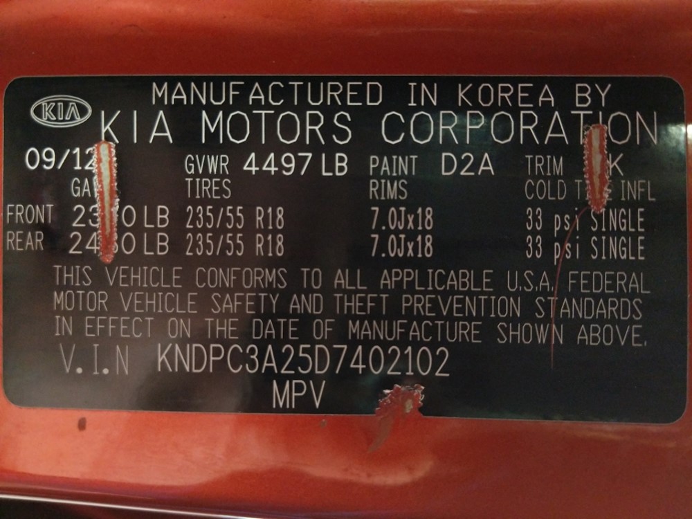 2013 Kia Sportage - VIN Plate