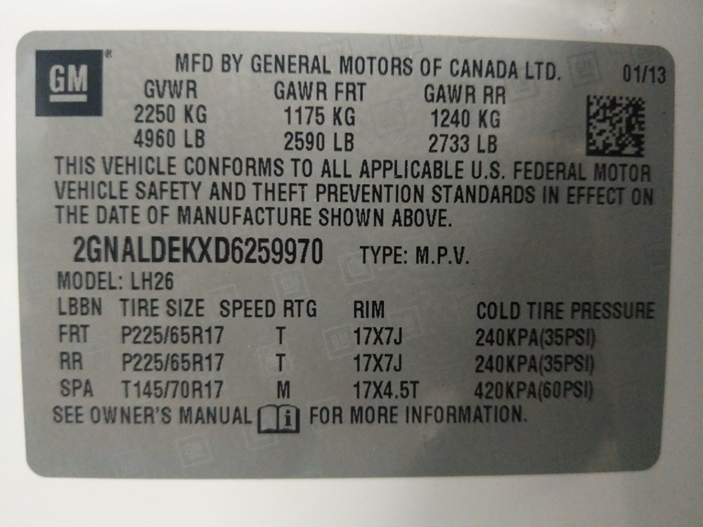 2013 Chevrolet Equinox - VIN Plate