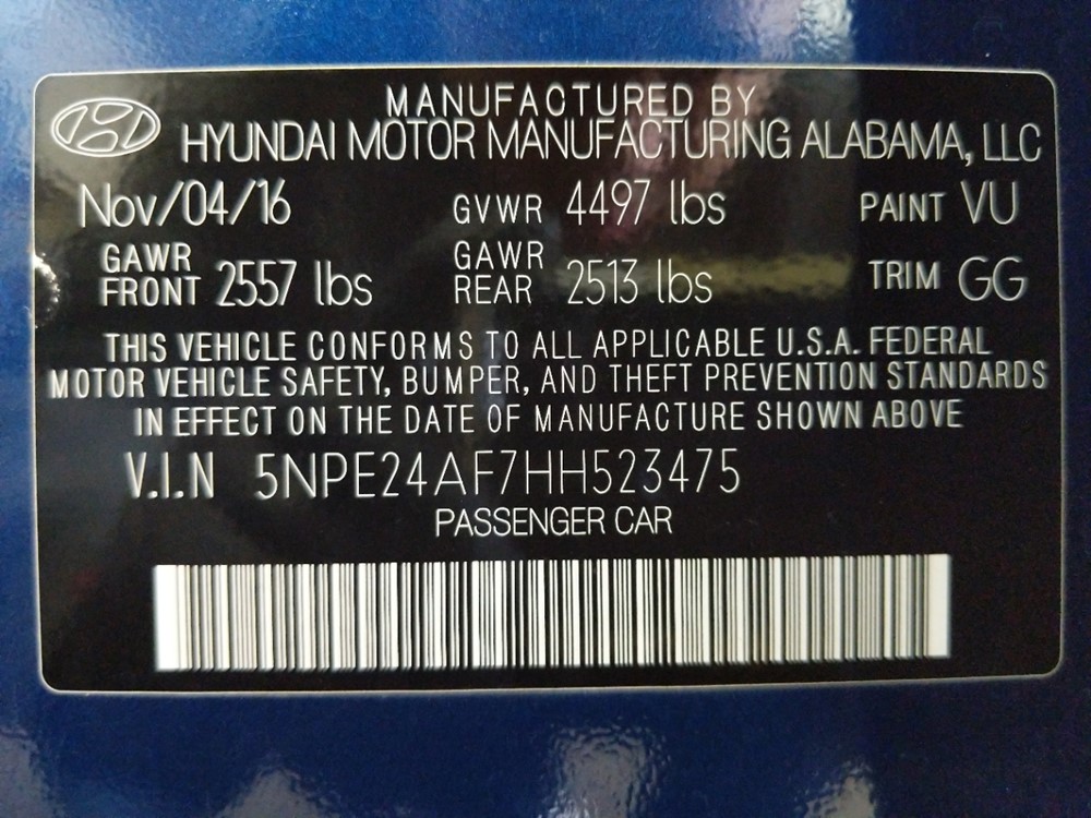 2017 Hyundai Sonata - VIN Plate