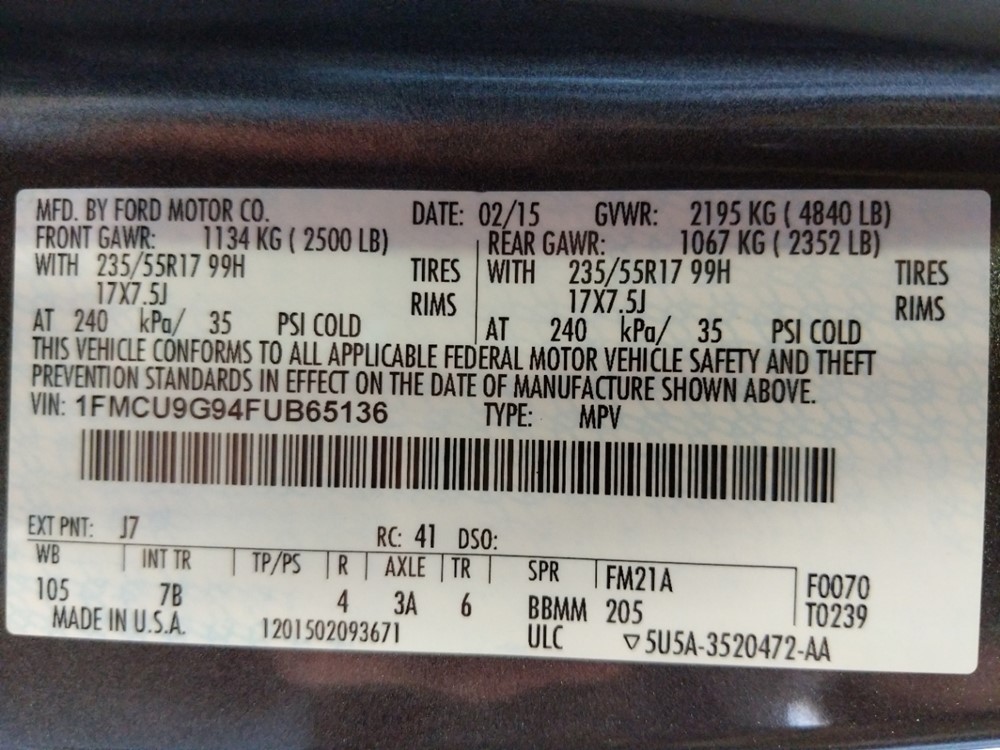 2015 Ford Escape - VIN Plate