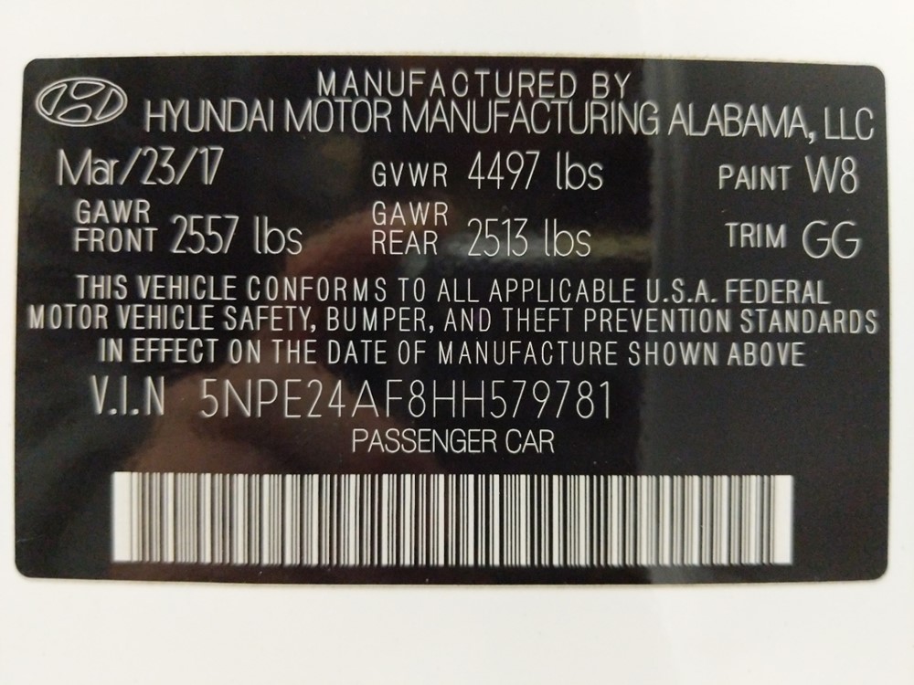 2017 Hyundai Sonata - VIN Plate