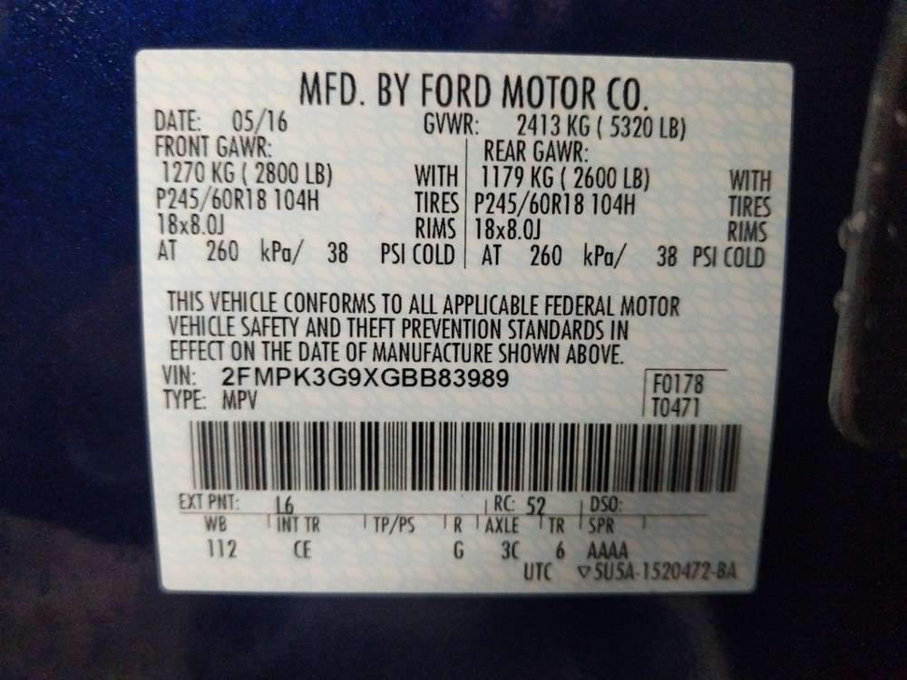 2016 Ford Edge - VIN Plate